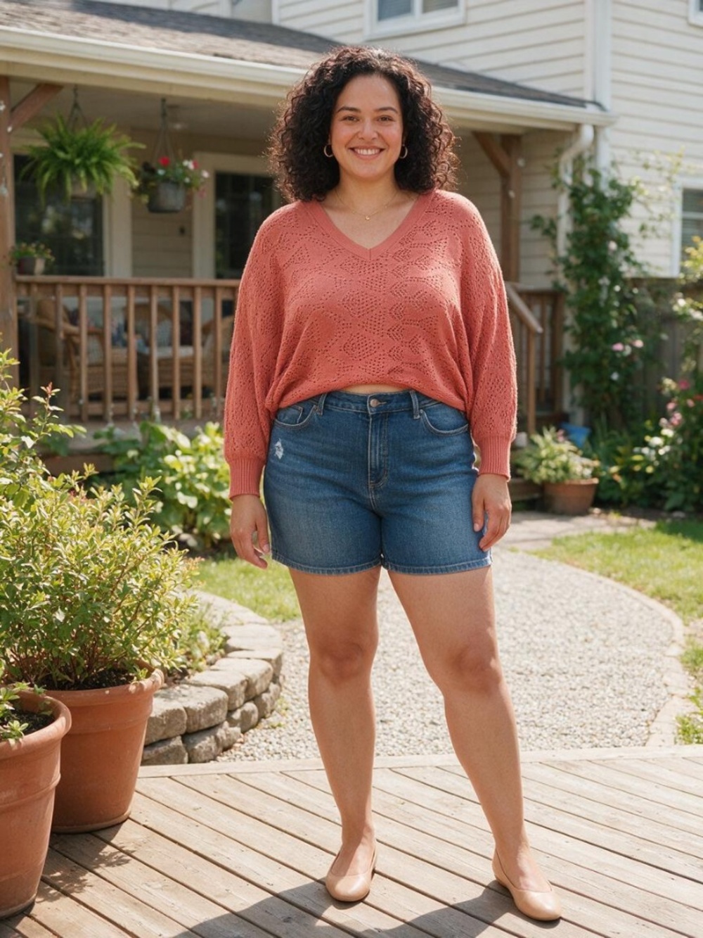 Penningtons Coral Pointelle Knit V-Neck Batwing Sweater 1X